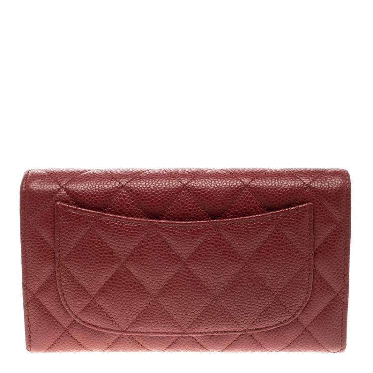 Pre Owned Chanel Red Quilted Caviar Leather Classic Flap Wallet