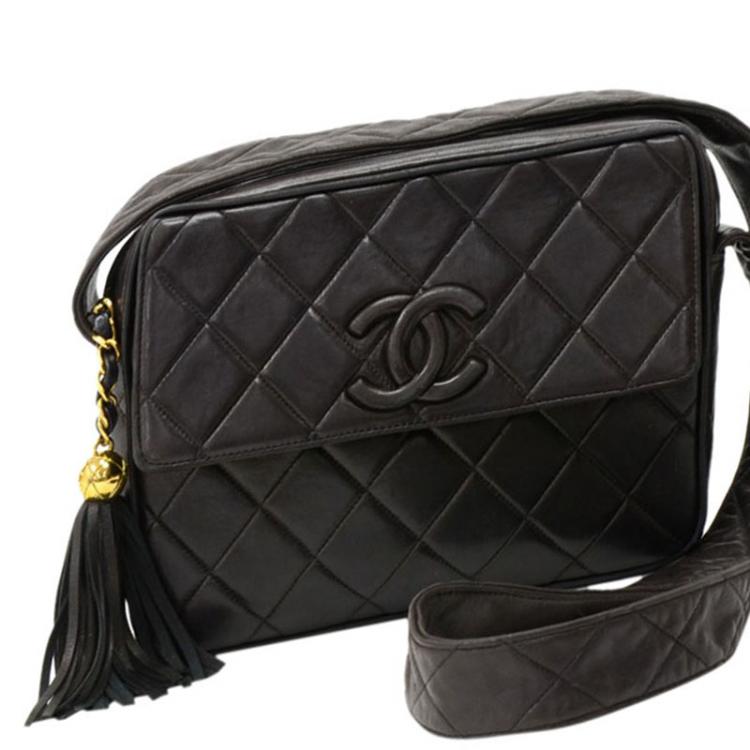 Chanel Vintage Black Quilted Satin CC Tassel Shoulder Bag Chanel