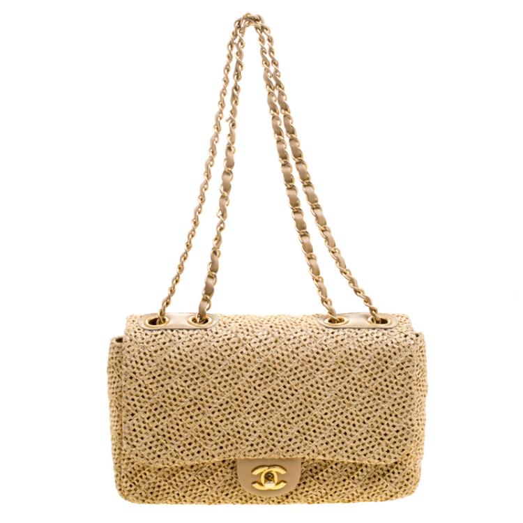 Pre Owned Chanel Beige Crochet Raffia Medium Classic Single Flap Bag