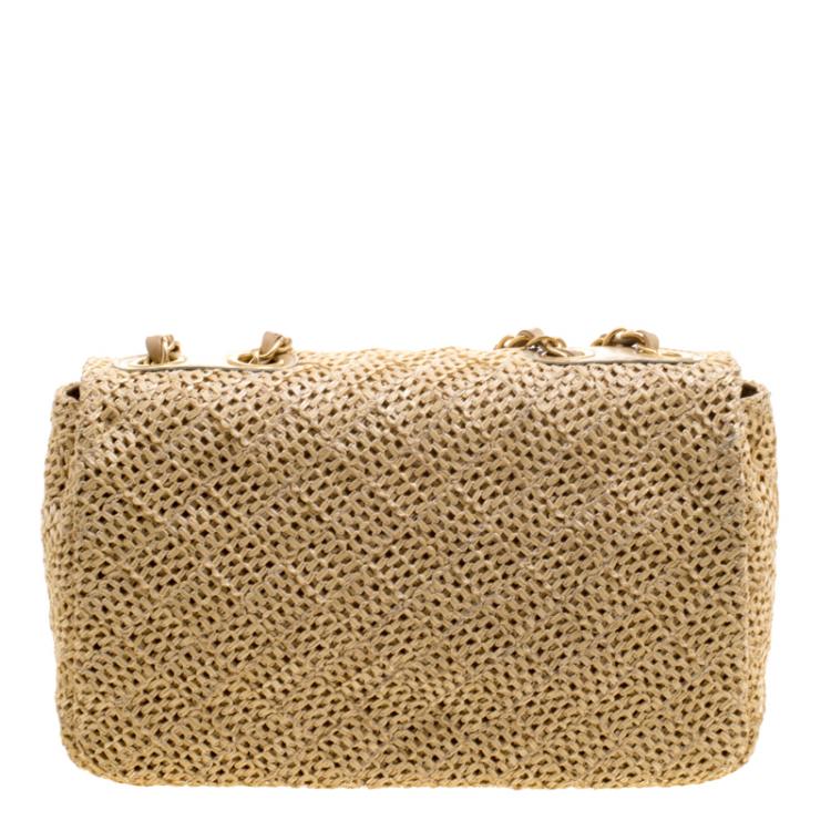Pre Owned Chanel Beige Crochet Raffia Medium Classic Single Flap Bag