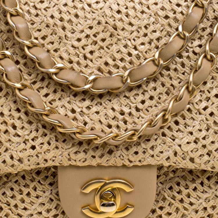 Pre Owned Chanel Beige Crochet Raffia Medium Classic Single Flap Bag