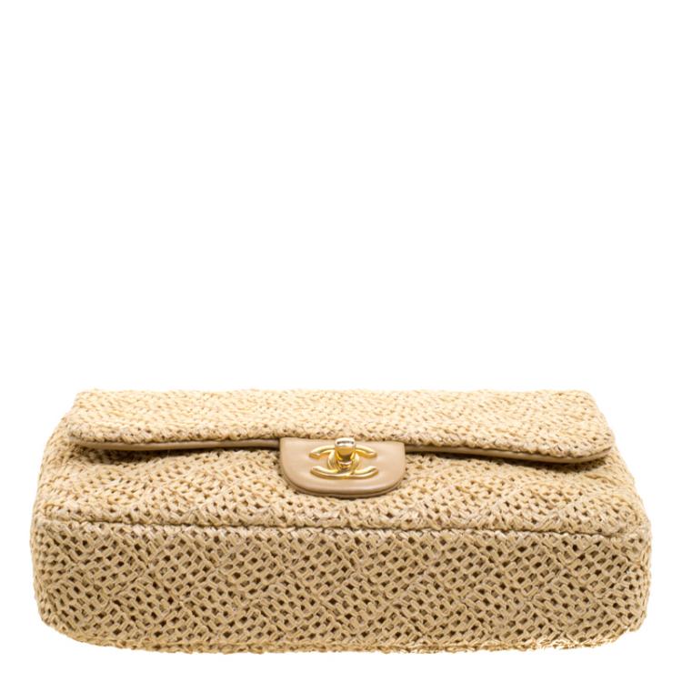Pre Owned Chanel Beige Crochet Raffia Medium Classic Single Flap Bag