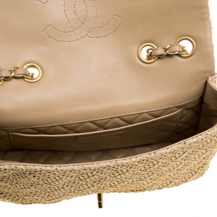 Pre Owned Chanel Beige Crochet Raffia Medium Classic Single Flap Bag