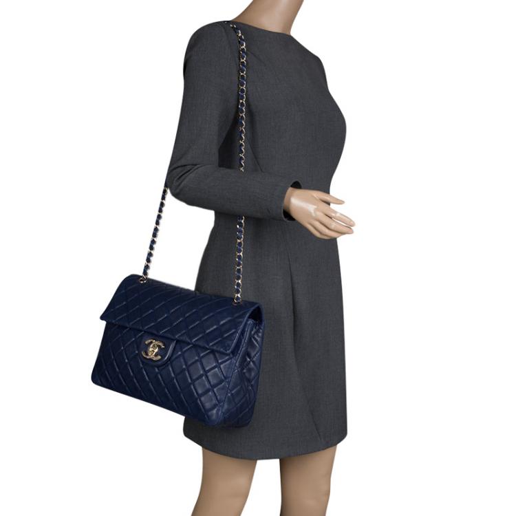 Pre Owned Chanel Blue Leather Maxi Jumbo XL Classic Flap Bag