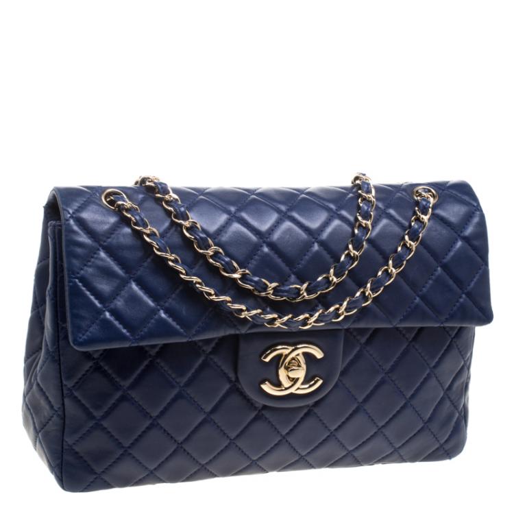 Pre Owned Chanel Blue Leather Maxi Jumbo XL Classic Flap Bag