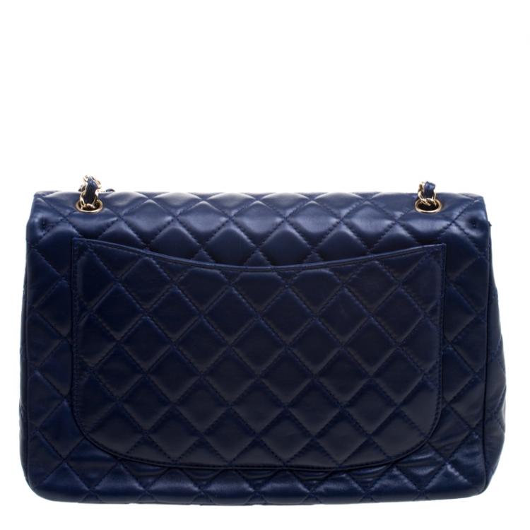 Pre Owned Chanel Blue Leather Maxi Jumbo XL Classic Flap Bag