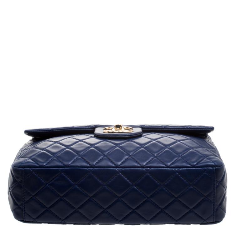 Pre Owned Chanel Blue Leather Maxi Jumbo XL Classic Flap Bag