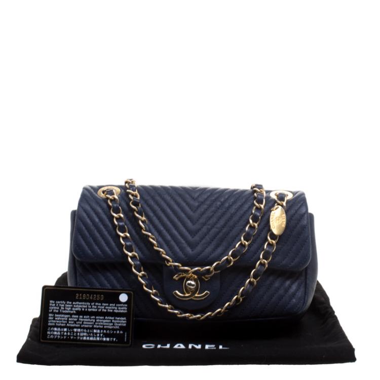 Pre Owned Chanel Navy Blue Chevron Leather Small Classic Flap Bag