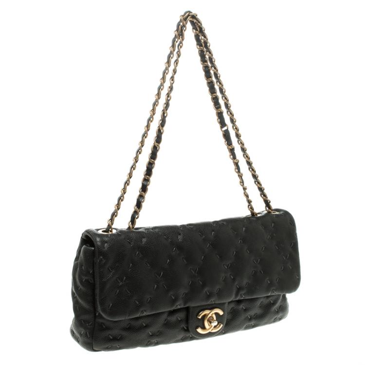 Pre Owned Chanel Black Quilted Wild Stitch Caviar Leather Classic Flap Shoulder Bag