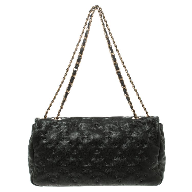 Pre Owned Chanel Black Quilted Wild Stitch Caviar Leather Classic Flap Shoulder Bag