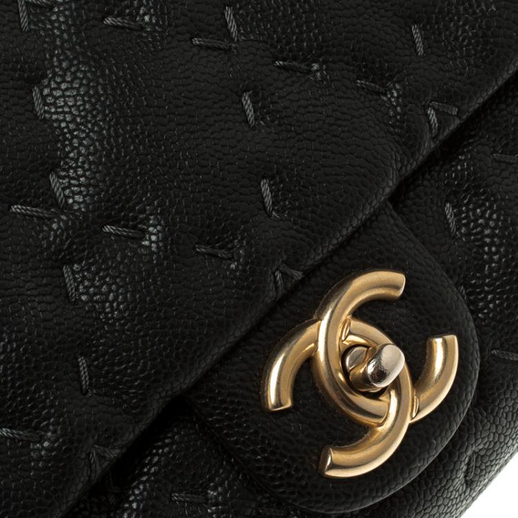 Pre Owned Chanel Black Quilted Wild Stitch Caviar Leather Classic Flap Shoulder Bag
