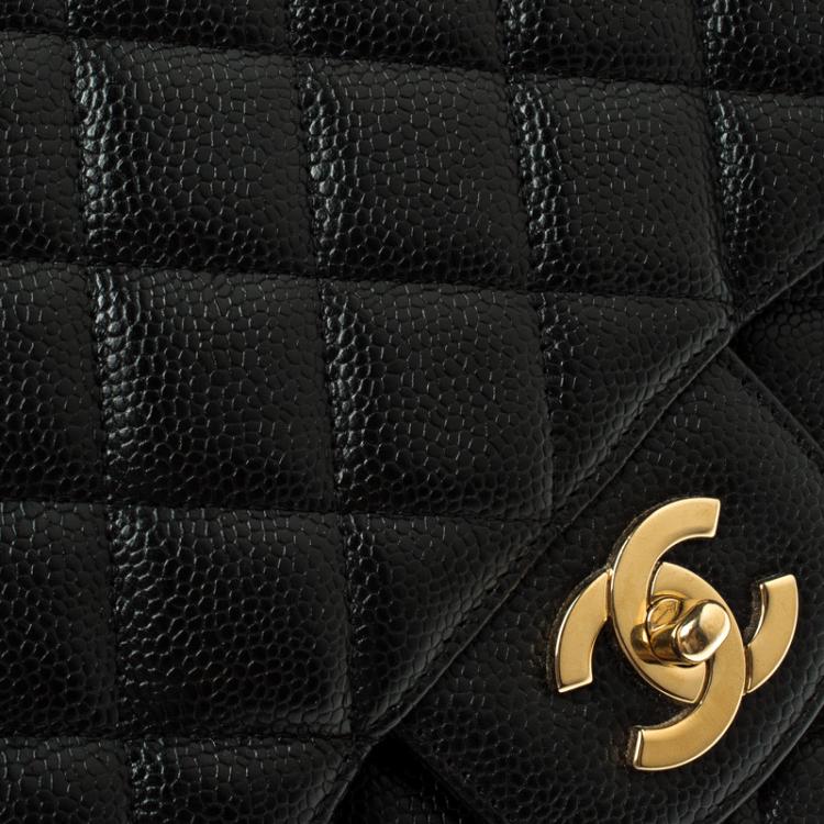 Pre Owned Chanel Black Quilted Caviar Leather Jumbo Classic Single Flap Bag