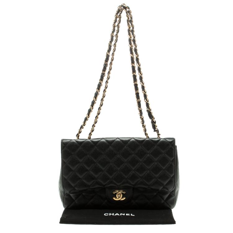 Pre Owned Chanel Black Quilted Caviar Leather Jumbo Classic Single Flap Bag