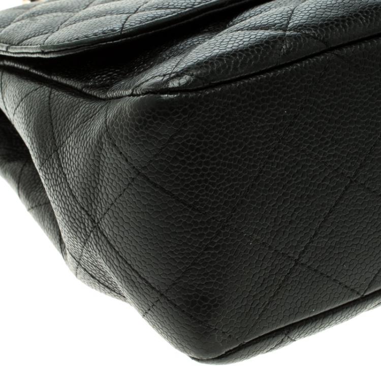 Pre Owned Chanel Black Quilted Caviar Leather Jumbo Classic Single Flap Bag
