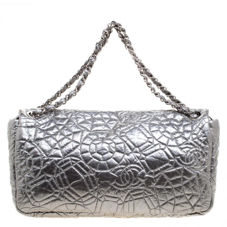 Pre Owned Chanel Silver Patent Vinyl Graphic Edge Classic Flap Bag