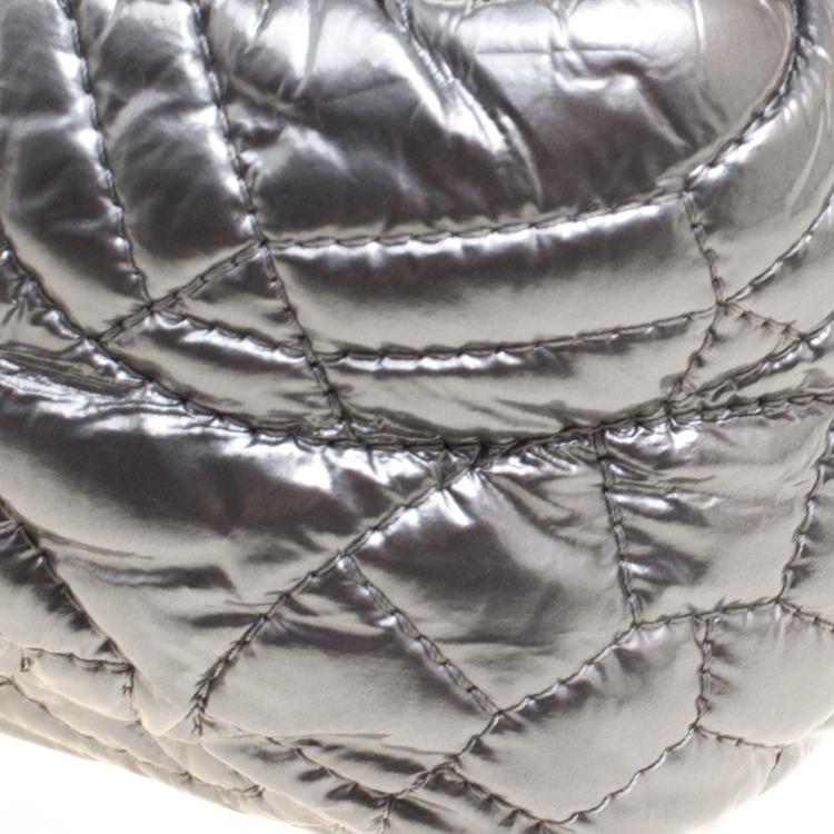 Pre Owned Chanel Silver Patent Vinyl Graphic Edge Classic Flap Bag