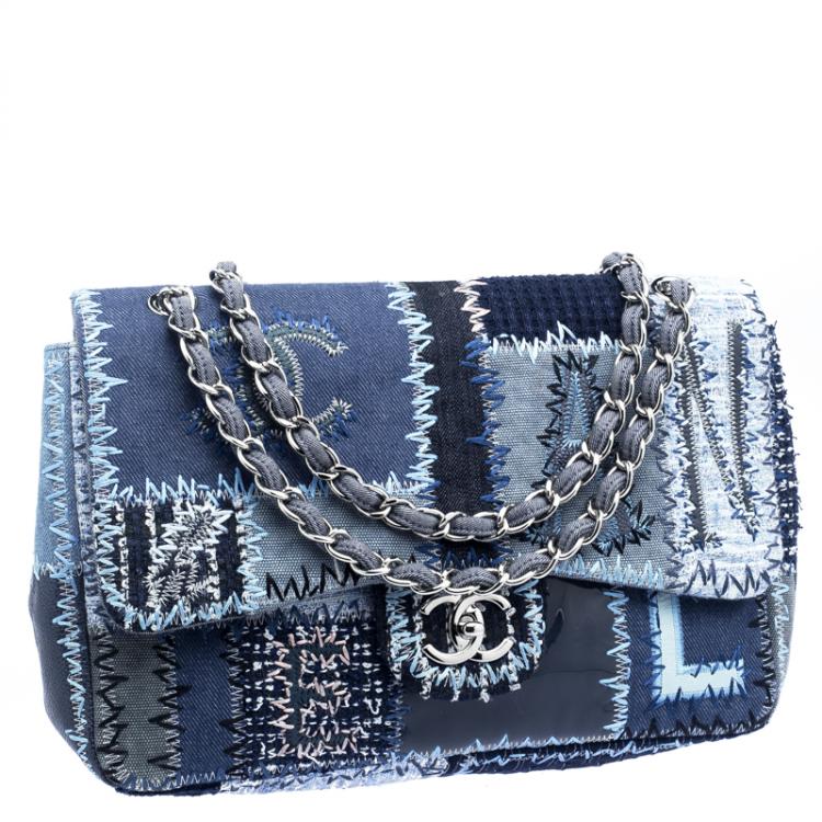 Pre Owned Chanel Blue Fabric/Canvas and Leather Patchwork Jumbo Classic Flap Bag