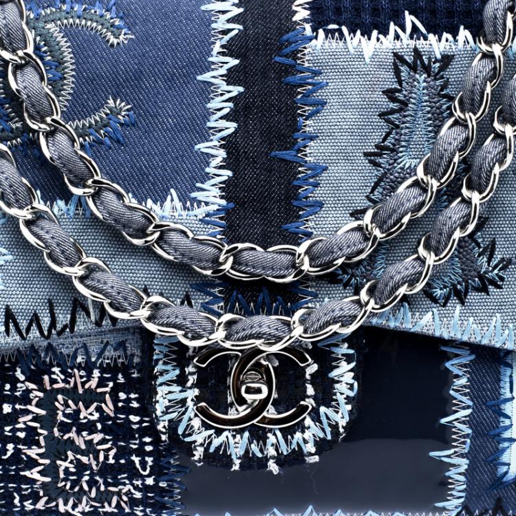 Pre Owned Chanel Blue Fabric/Canvas and Leather Patchwork Jumbo Classic Flap Bag