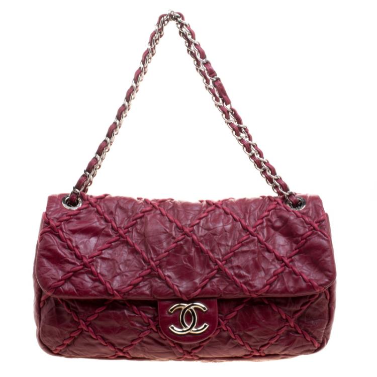 Pre Owned Chanel Burgundy Crinkled Leather Ultra Stitch Classic Flap Bag