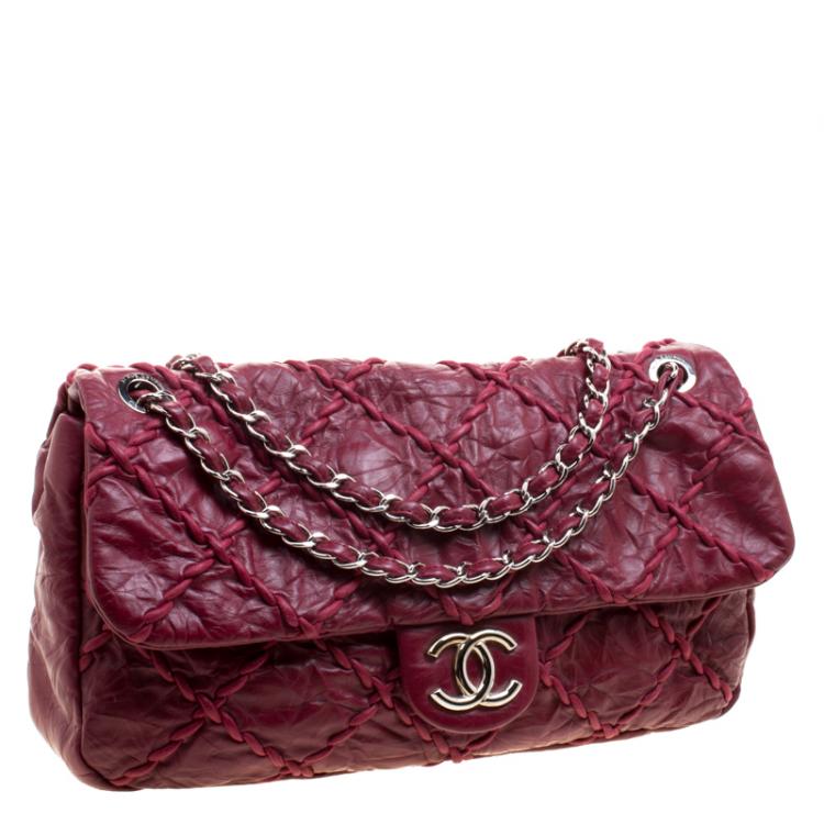 Pre Owned Chanel Burgundy Crinkled Leather Ultra Stitch Classic Flap Bag