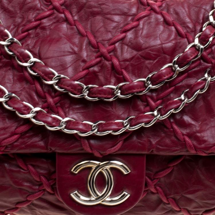 Pre Owned Chanel Burgundy Crinkled Leather Ultra Stitch Classic Flap Bag
