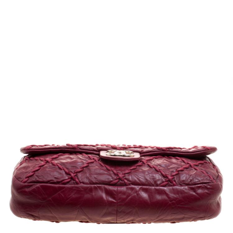 Pre Owned Chanel Burgundy Crinkled Leather Ultra Stitch Classic Flap Bag