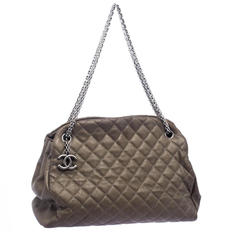Pre Owned Chanel Dark Beige Quilted Caviar Leather Large Just Mademoiselle Bowling Bag