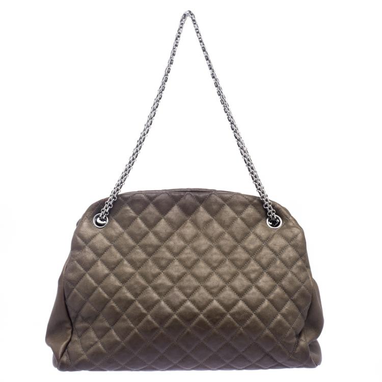 Pre Owned Chanel Dark Beige Quilted Caviar Leather Large Just Mademoiselle Bowling Bag