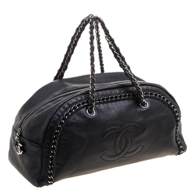 Pre Owned Chanel Black Leather Large Chain Trim Luxe Ligne Bowler Boston Bag