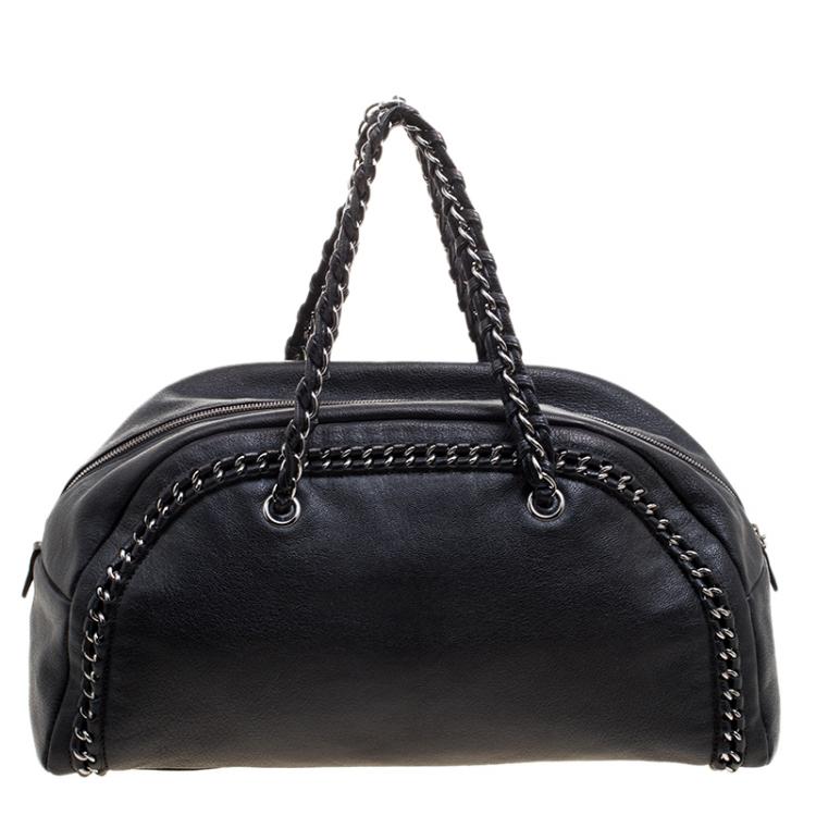 Pre Owned Chanel Black Leather Large Chain Trim Luxe Ligne Bowler Boston Bag