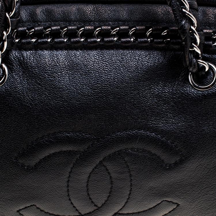 Pre Owned Chanel Black Leather Large Chain Trim Luxe Ligne Bowler Boston Bag