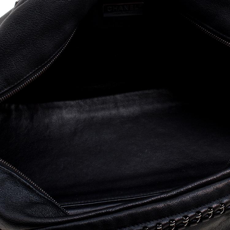 Pre Owned Chanel Black Leather Large Chain Trim Luxe Ligne Bowler Boston Bag