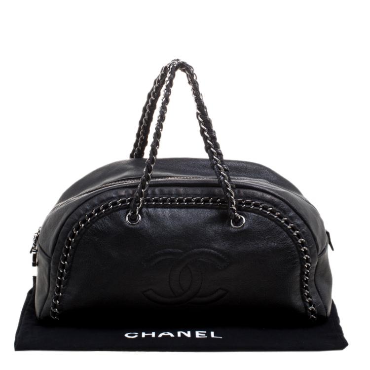 Pre Owned Chanel Black Leather Large Chain Trim Luxe Ligne Bowler Boston Bag