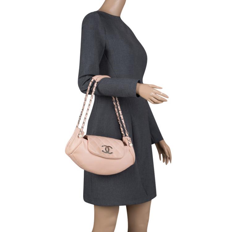 Pre Owned Chanel Peach Leather Accordion Flap Hobo