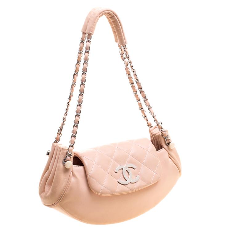 Pre Owned Chanel Peach Leather Accordion Flap Hobo