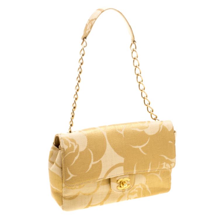 Pre Owned Chanel Gold Camellia Print Raffia Medium Classic Single Flap Bag