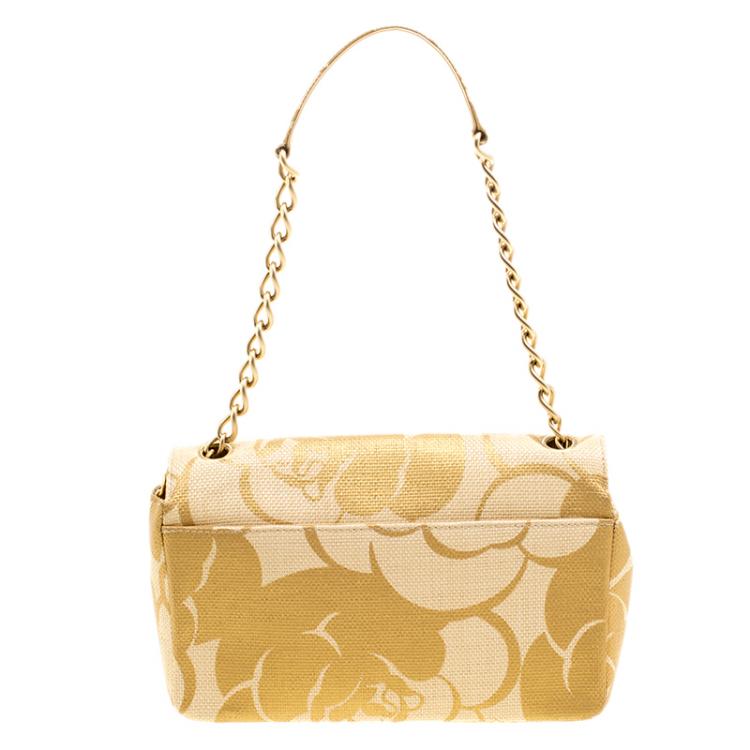 Pre Owned Chanel Gold Camellia Print Raffia Medium Classic Single Flap Bag