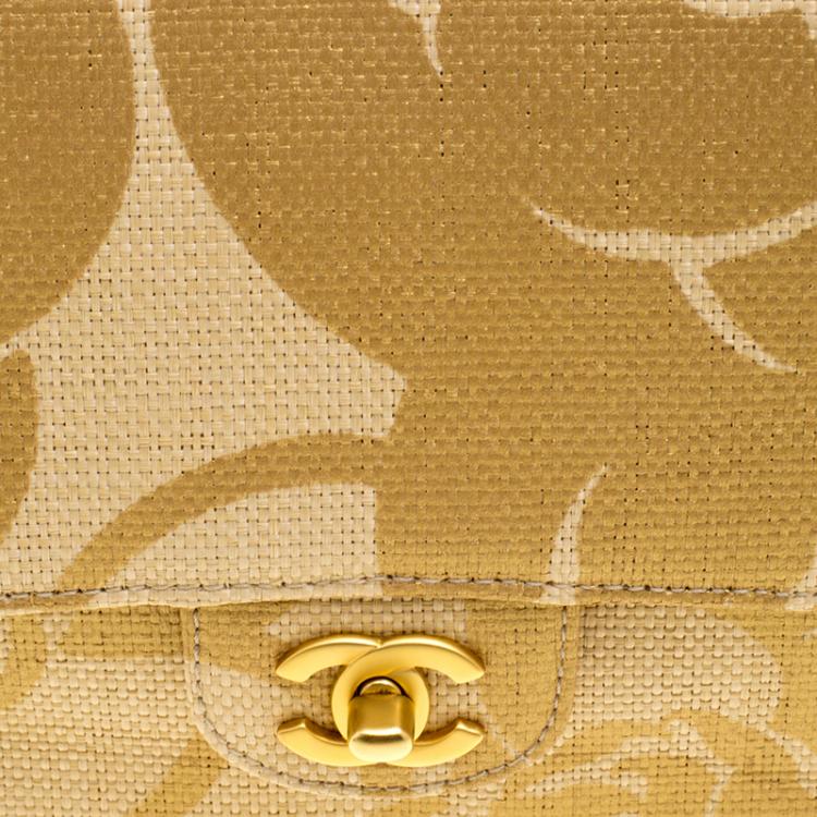 Pre Owned Chanel Gold Camellia Print Raffia Medium Classic Single Flap Bag