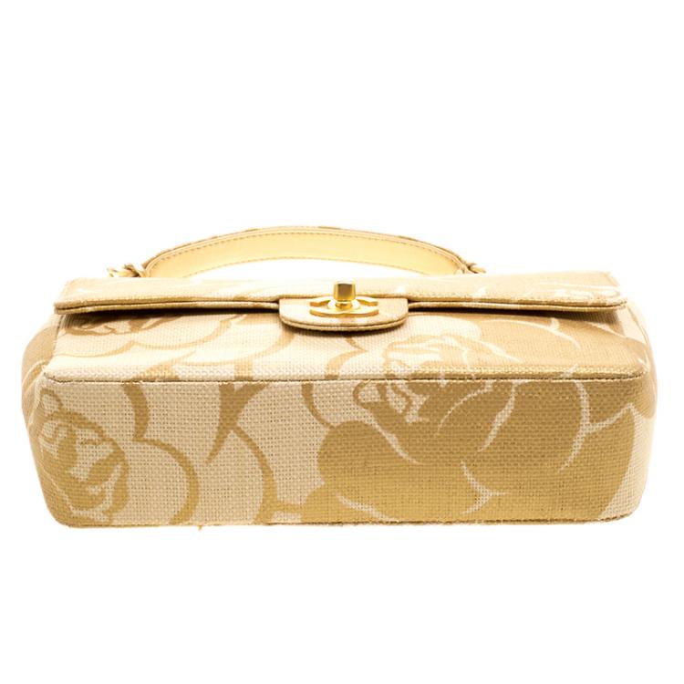 Pre Owned Chanel Gold Camellia Print Raffia Medium Classic Single Flap Bag