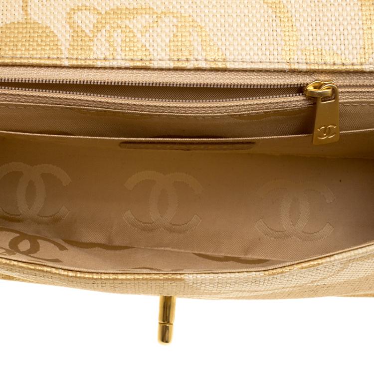 Pre Owned Chanel Gold Camellia Print Raffia Medium Classic Single Flap Bag