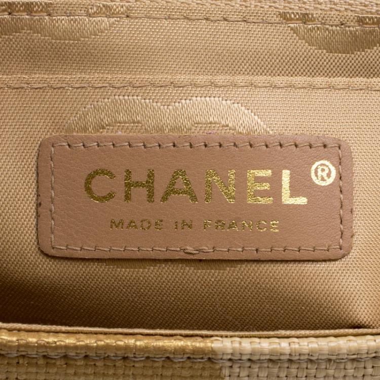 Pre Owned Chanel Gold Camellia Print Raffia Medium Classic Single Flap Bag