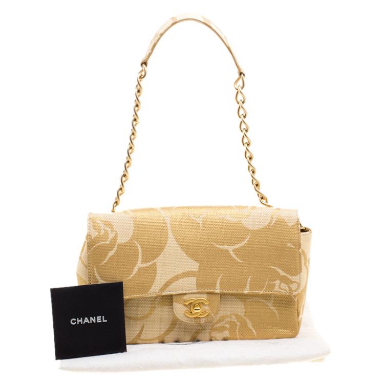 Pre Owned Chanel Gold Camellia Print Raffia Medium Classic Single Flap Bag