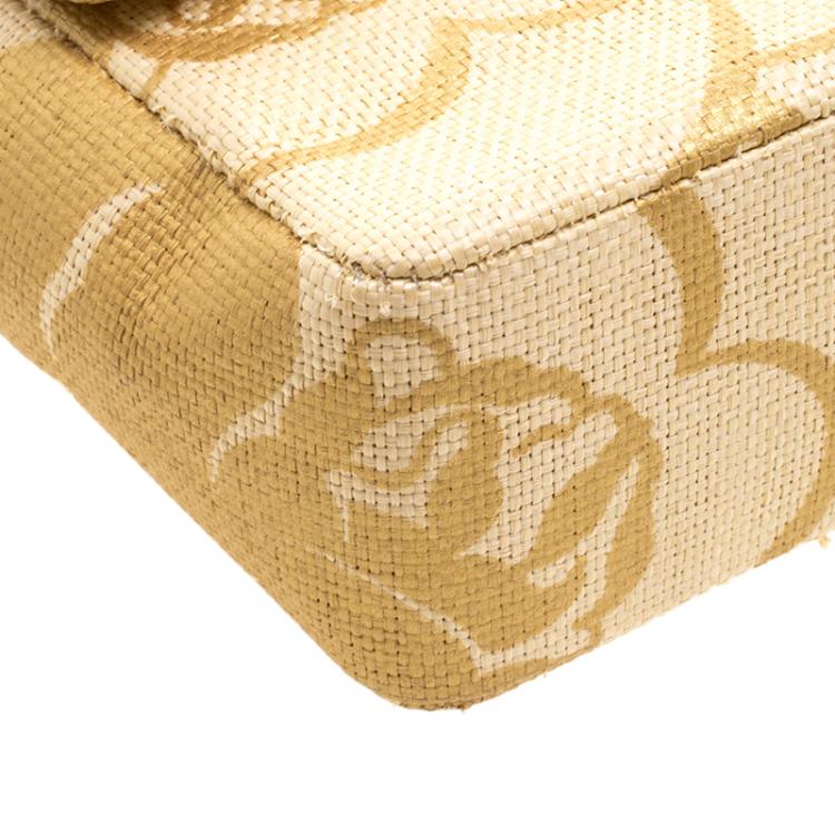Pre Owned Chanel Gold Camellia Print Raffia Medium Classic Single Flap Bag