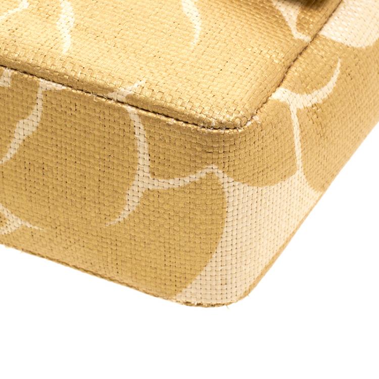 Pre Owned Chanel Gold Camellia Print Raffia Medium Classic Single Flap Bag
