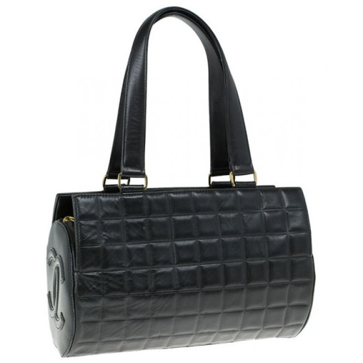 Pre Owned Chanel Black Leather Chocolate Bar Barrel Bag