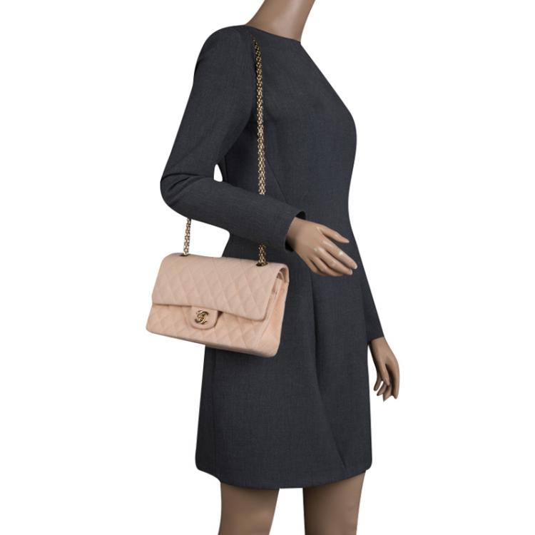 Pre Owned Chanel Biege Quilted Jersey Medium Bijoux Chain Classic Single Flap Bag