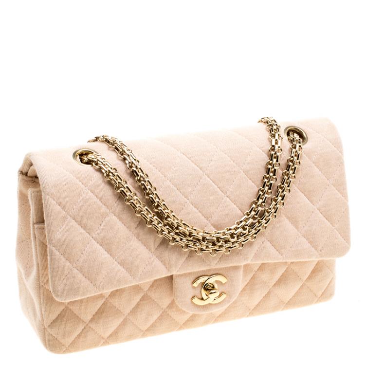 Pre Owned Chanel Biege Quilted Jersey Medium Bijoux Chain Classic Single Flap Bag