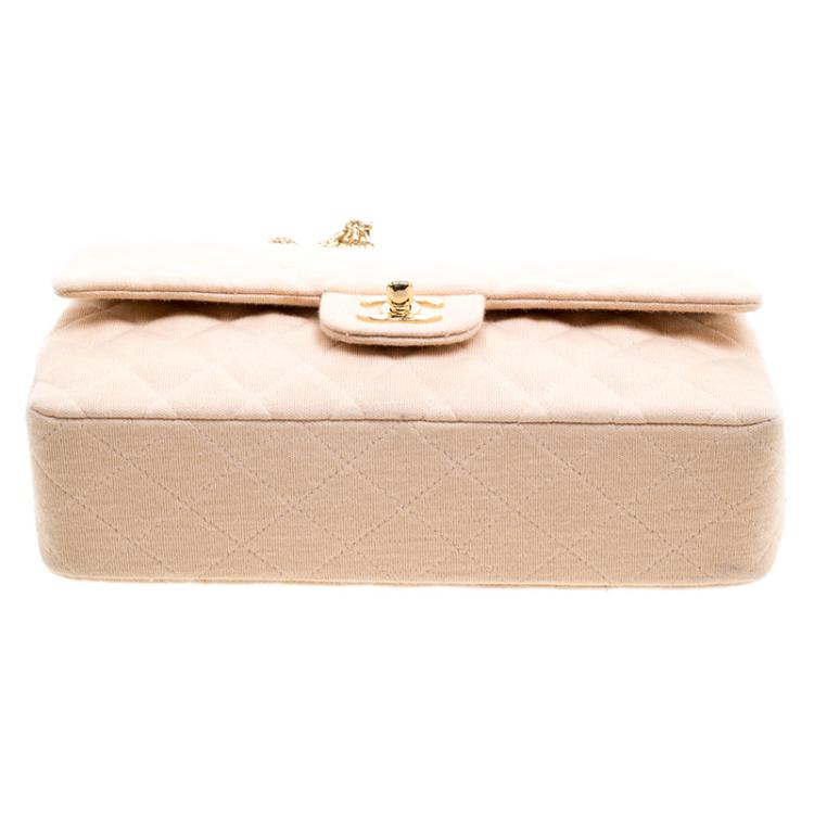 Pre Owned Chanel Biege Quilted Jersey Medium Bijoux Chain Classic Single Flap Bag