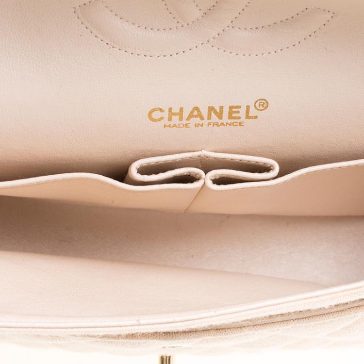 Pre Owned Chanel Biege Quilted Jersey Medium Bijoux Chain Classic Single Flap Bag