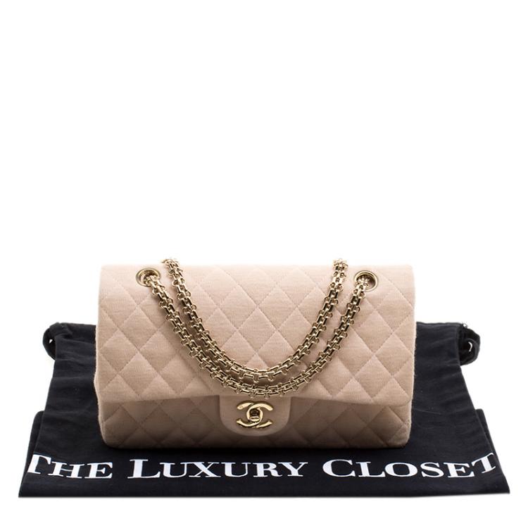 Pre Owned Chanel Biege Quilted Jersey Medium Bijoux Chain Classic Single Flap Bag